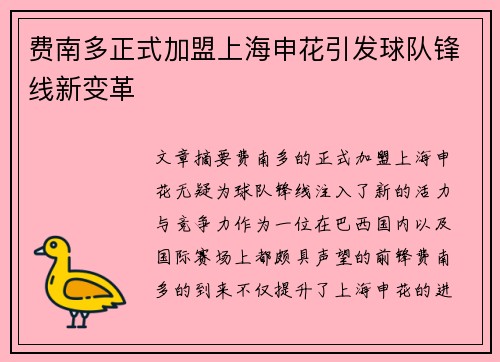 费南多正式加盟上海申花引发球队锋线新变革 费南多正式加盟上海申花引发球队锋线新变革